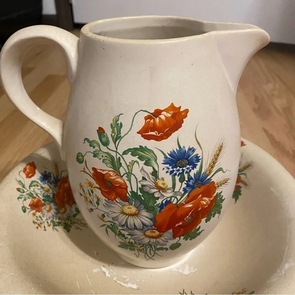 Vintage McCoy Pottery Floral Pitcher & Bowl Red White Blue Ceramic